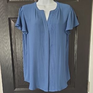 Ann Taylor Dusty Blue Pintuck Flutter Sleeve Blouse